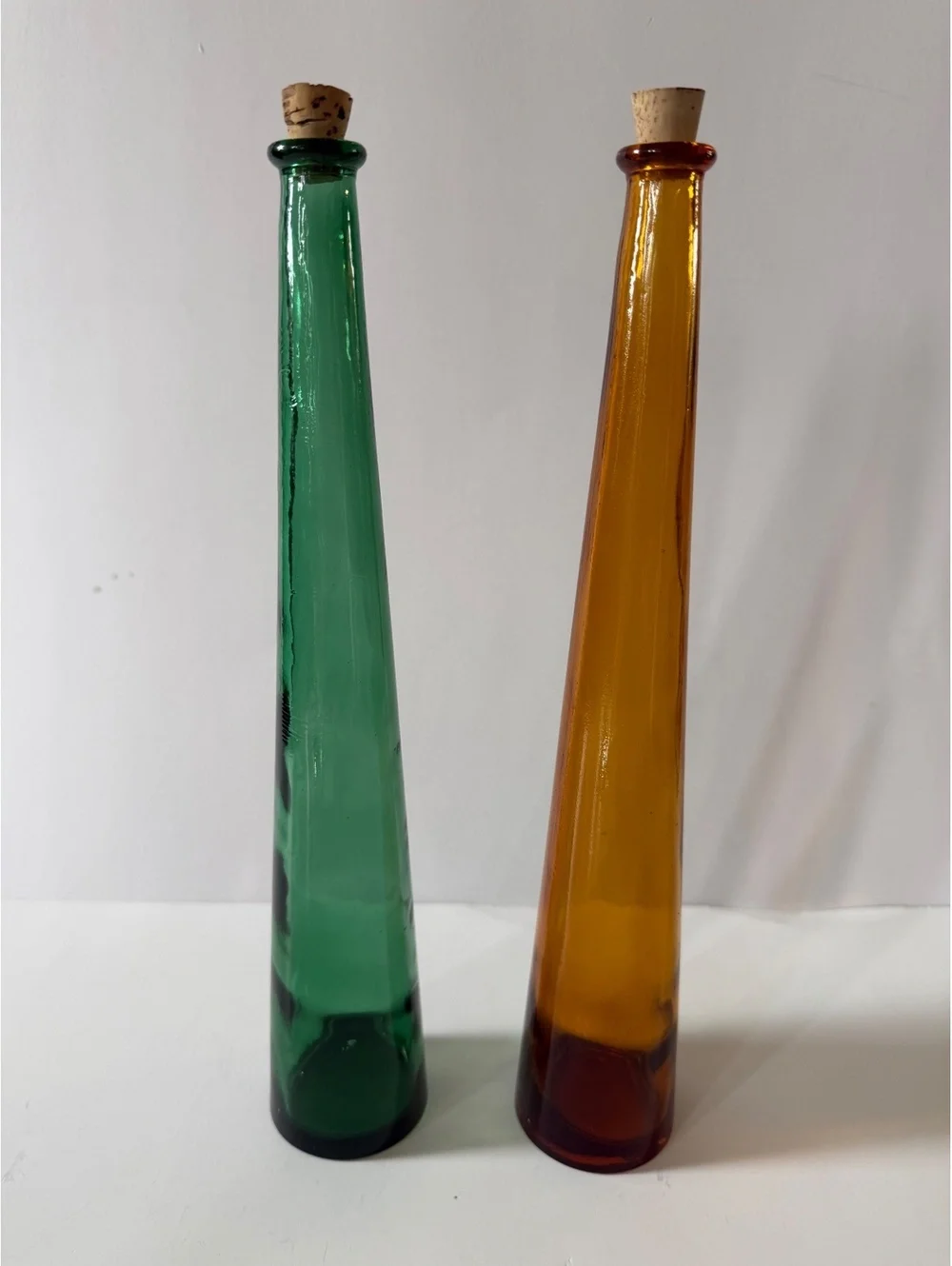 Vintage Hand Blown Art Glass Decanter Bottle Pair Green Amber 12” Cork Stoppers